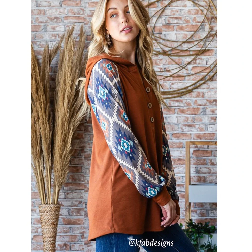 NEW! V Neck Button Detail Burnt Orange Aztec Contrast Hoodie! - Picture 9 of 9